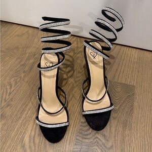Black Spiral Strappy Heels with Rhinestone Accents